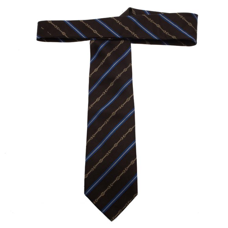 Pre Owned Gucci Brown and Blue Striped Silk Tie