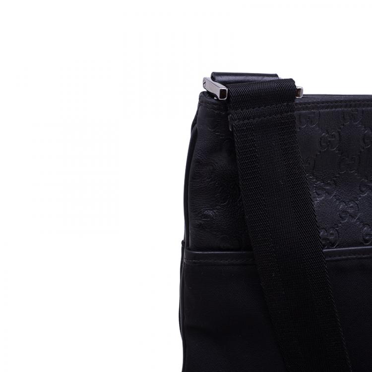 Pre Owned Gucci Black Guccissima Leather/Canvas Flat Messenger Bag