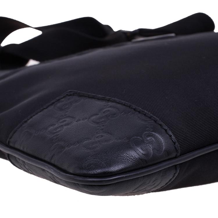 Pre Owned Gucci Black Guccissima Leather/Canvas Flat Messenger Bag