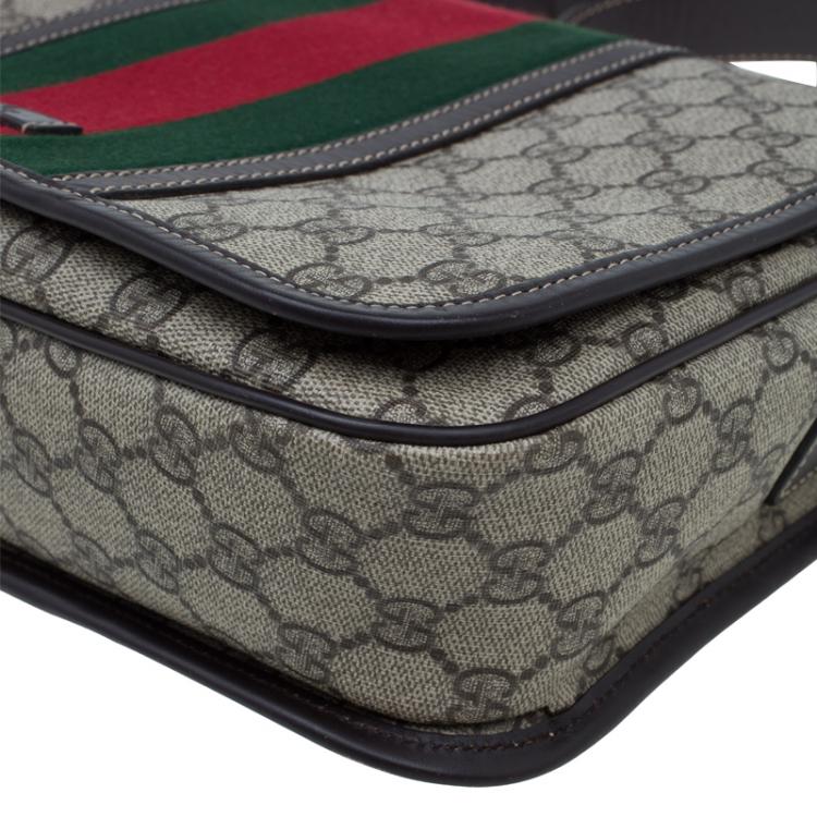 Pre Owned Gucci Brown GG Supreme Coated Canvas and Leather Web Detail Messenger Bag