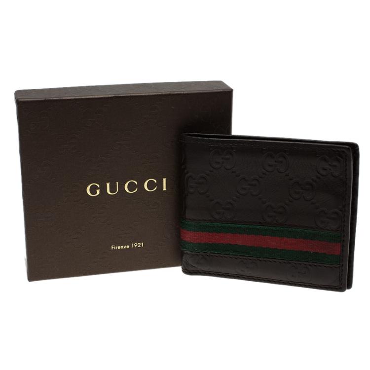 Pre Owned Gucci Dark Brown Guccissima Leather Web Bi Fold Wallet
