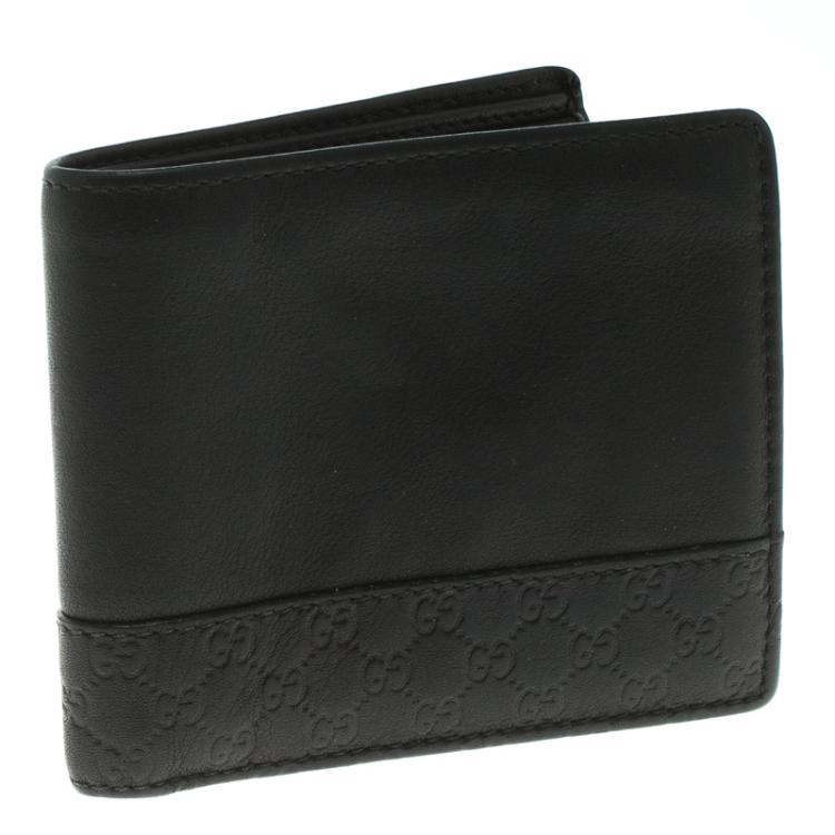 Pre Owned Gucci Black Leather Micro Guccissima  Trim Bi-Fold Wallet