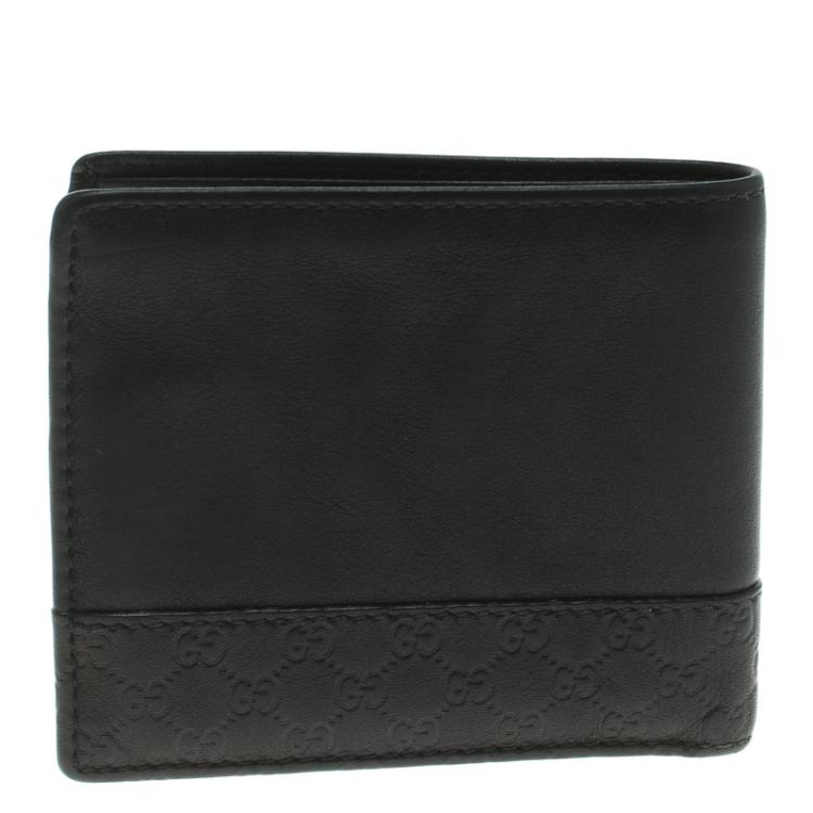 Pre Owned Gucci Black Leather Micro Guccissima  Trim Bi-Fold Wallet