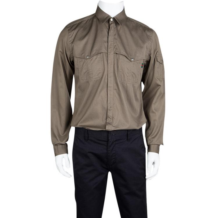 Pre Owned Gucci Khaki Cotton Zip Front Long Sleeve Shirt XL
