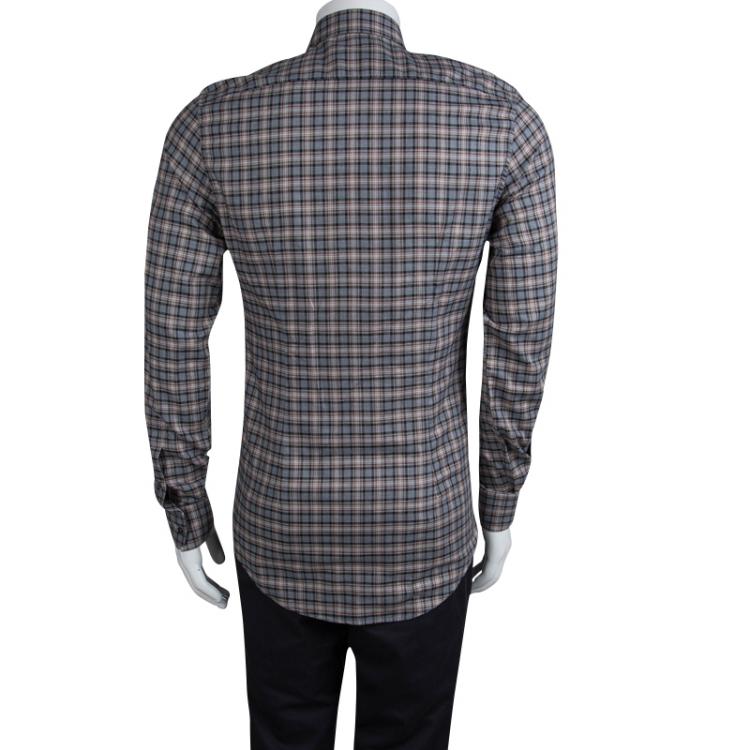 Pre Owned Gucci Grey Cotton Checked Button Front Plaid Shirt M