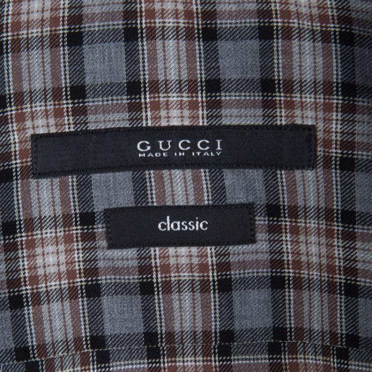 Pre Owned Gucci Grey Cotton Checked Button Front Plaid Shirt M