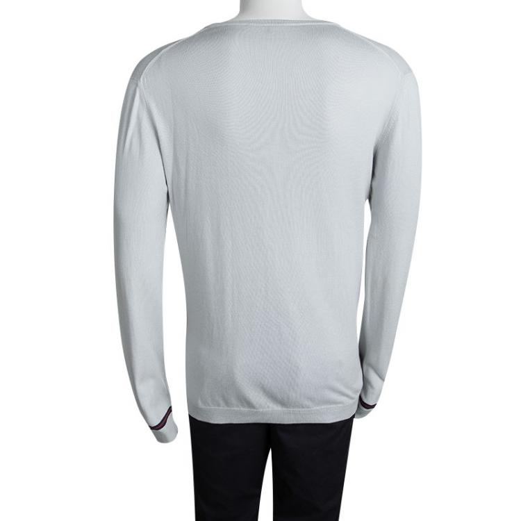 Pre Owned Gucci Grey V-Neck Stripe Detail Long Sleeve Sweater XL