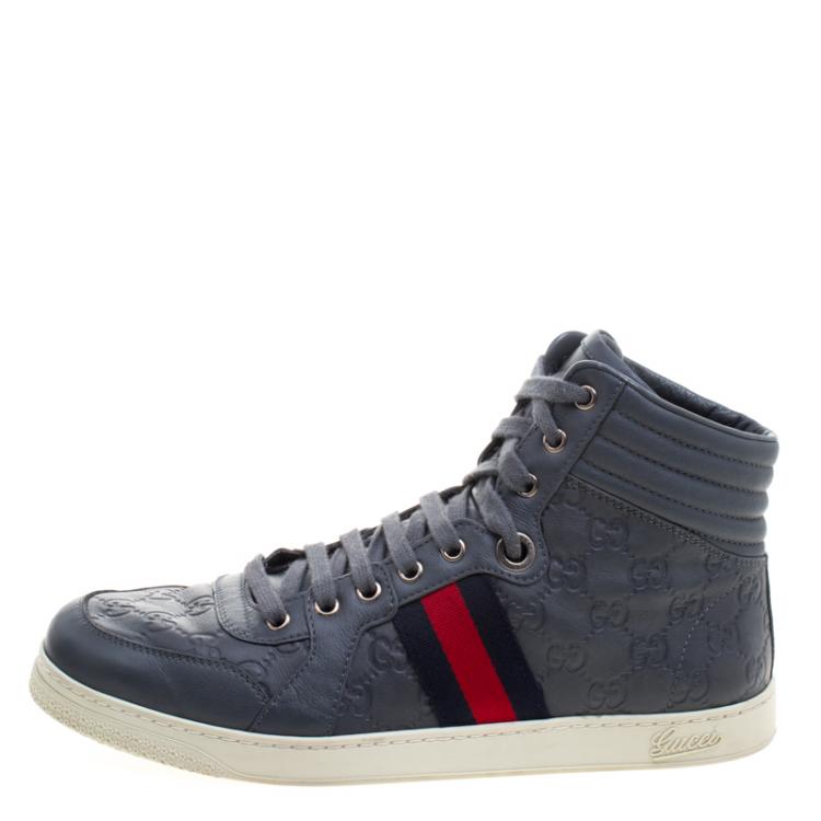 Pre Owned Gucci Grey Guccissima Leather Web Detail High Top Sneakers Size 43