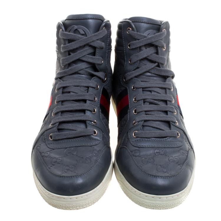 Pre Owned Gucci Grey Guccissima Leather Web Detail High Top Sneakers Size 43