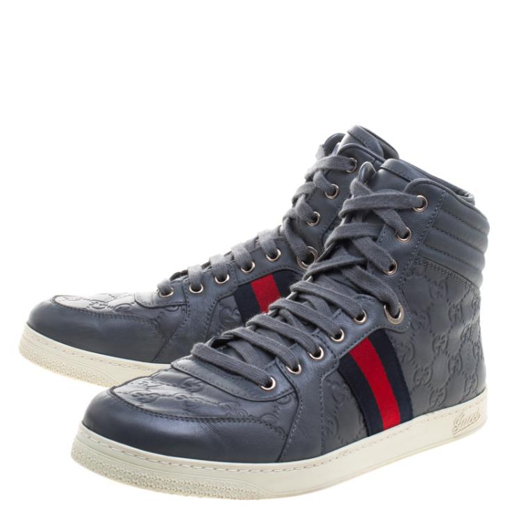 Pre Owned Gucci Grey Guccissima Leather Web Detail High Top Sneakers Size 43