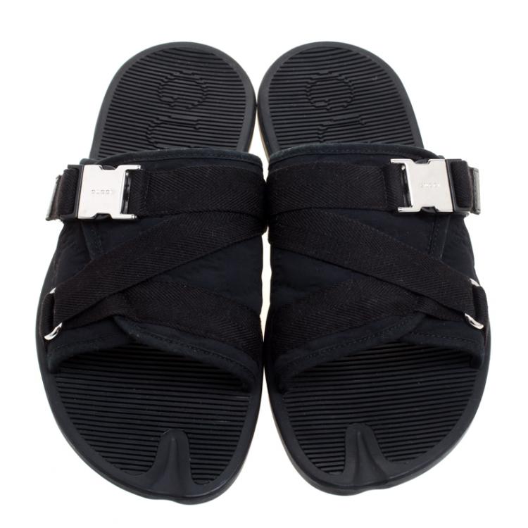 Pre Owned Gucci Black Guccissima Fabric Safety Buckle Slippers Size 41