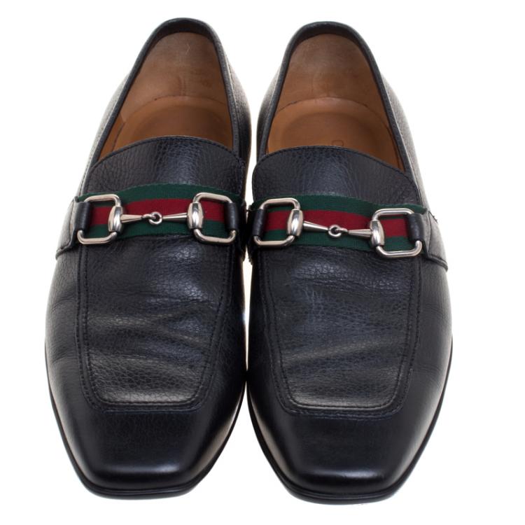 Pre Owned Gucci Black Leather Square Horsebit Web Detail Loafers Size 41.5