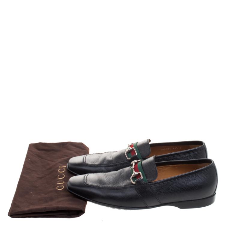 Pre Owned Gucci Black Leather Square Horsebit Web Detail Loafers Size 41.5
