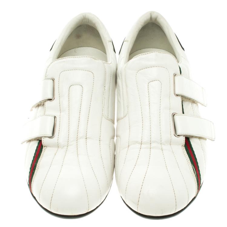 Pre Owned Gucci White Leather Web Detail Slip On Velcro Sneakers Size 42.5