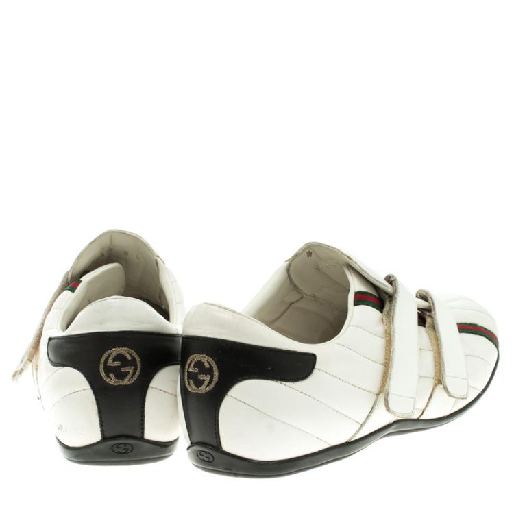 Pre Owned Gucci White Leather Web Detail Slip On Velcro Sneakers Size 42.5