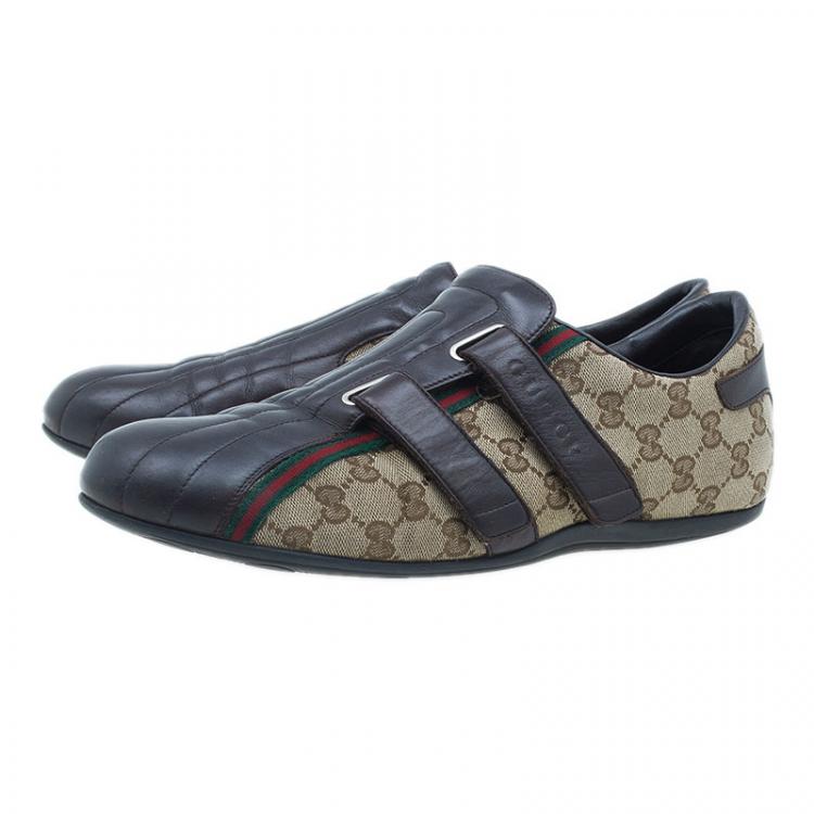 Pre Owned Gucci Brown Guccissima Canvas and Leather Velcro Sneakers Size 44.5