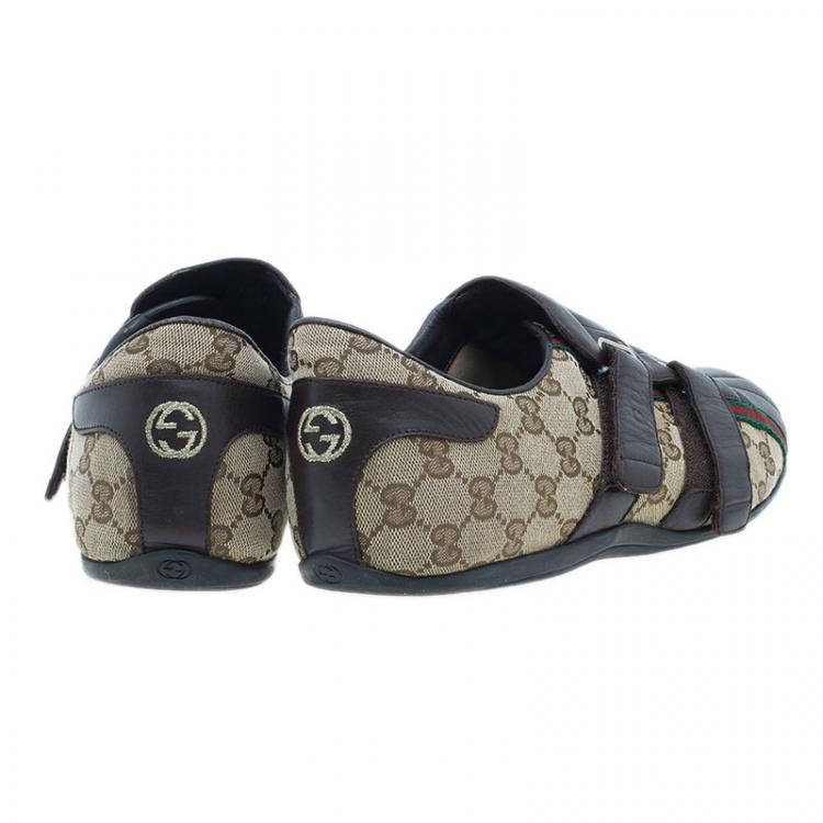Pre Owned Gucci Brown Guccissima Canvas and Leather Velcro Sneakers Size 44.5