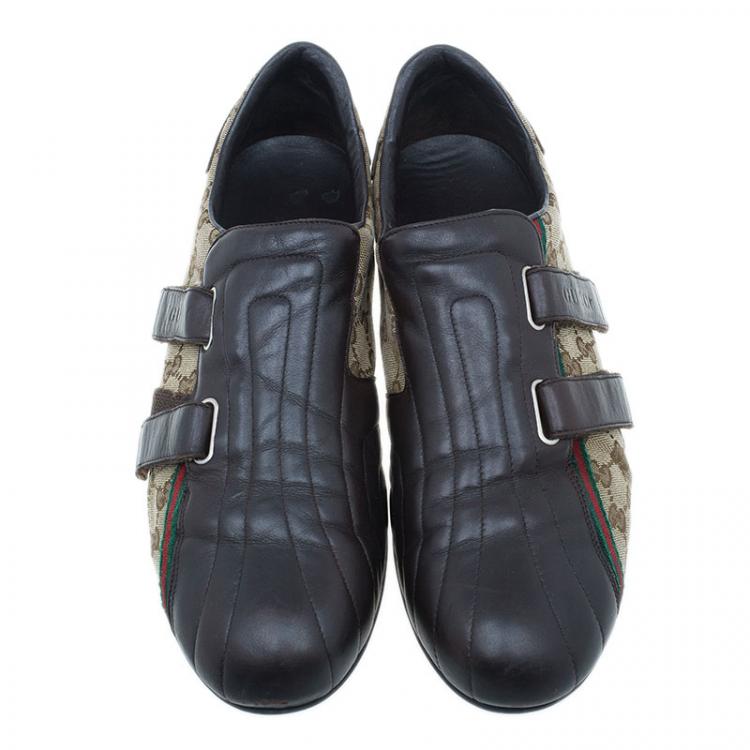 Pre Owned Gucci Brown Guccissima Canvas and Leather Velcro Sneakers Size 44.5
