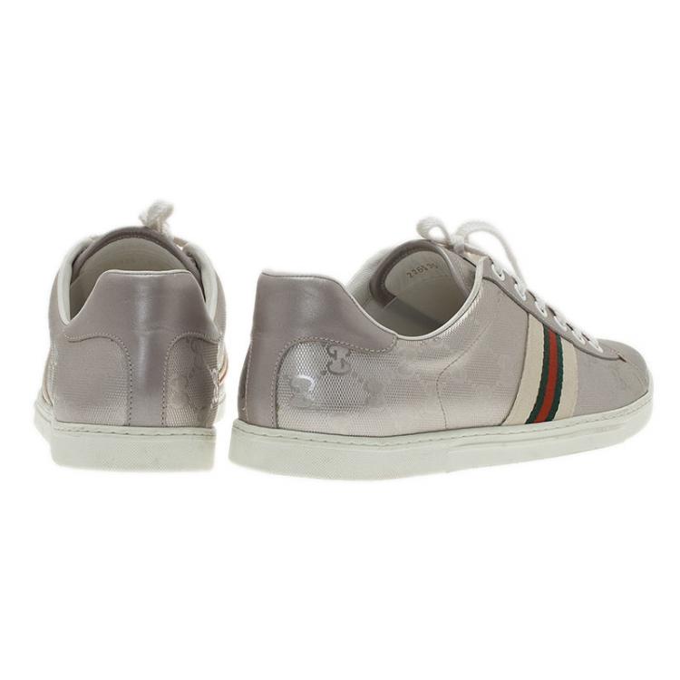 مملوكة مسبقًا Gucci Silver Guccissima Leather and Canvas Web Detail Sneakers Size 40.5