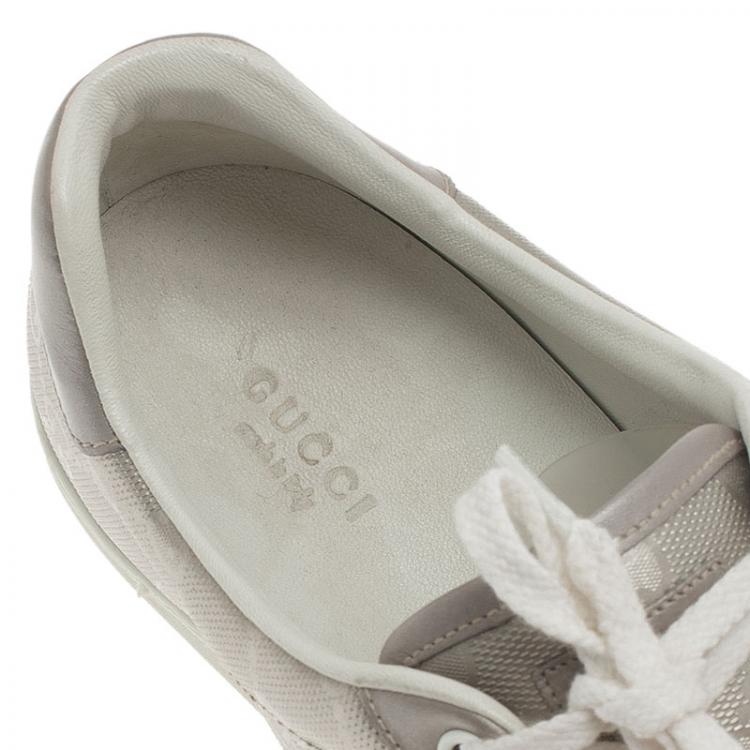 مملوكة مسبقًا Gucci Silver Guccissima Leather and Canvas Web Detail Sneakers Size 40.5