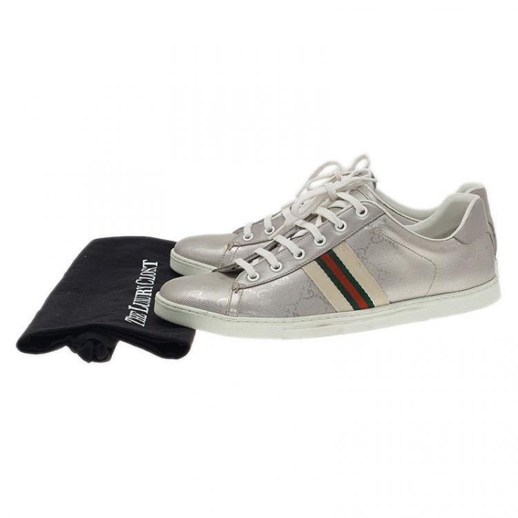 مملوكة مسبقًا Gucci Silver Guccissima Leather and Canvas Web Detail Sneakers Size 40.5