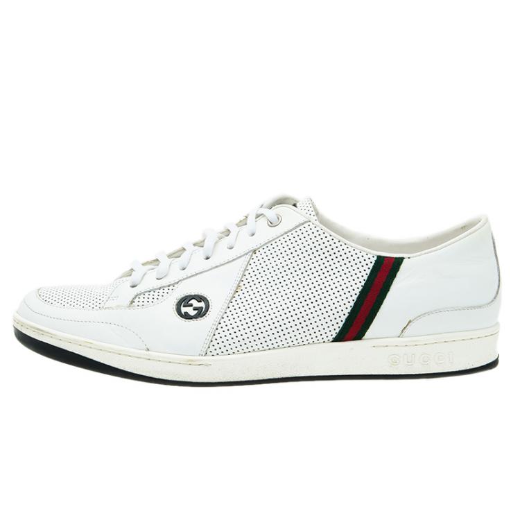 Pre Owned Gucci White Perforated Leather Web Detail Low Top Sneakers Size 44