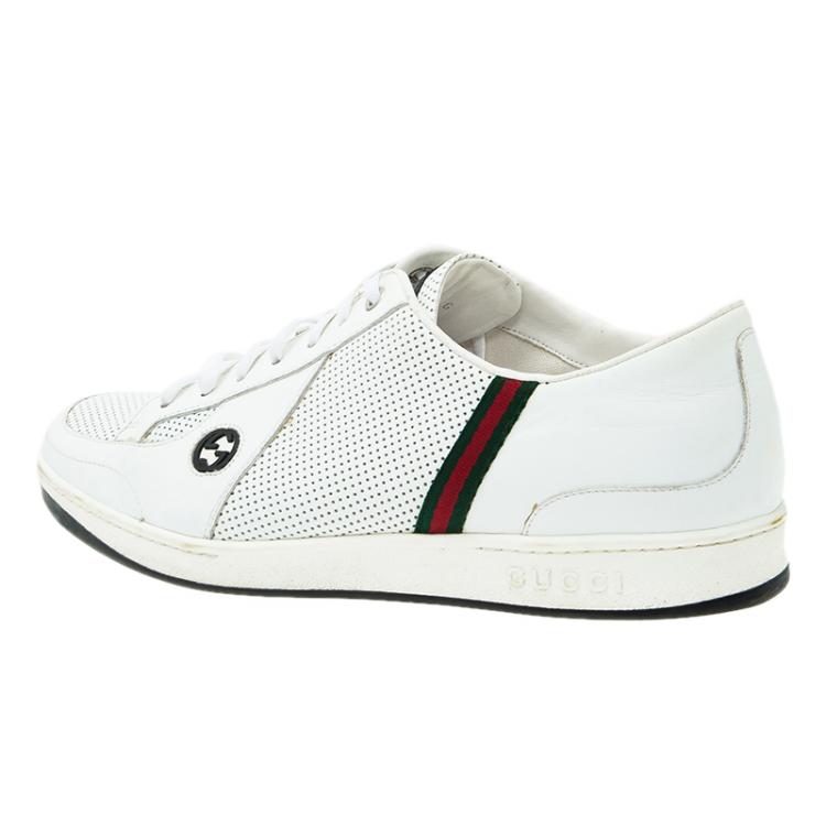 Pre Owned Gucci White Perforated Leather Web Detail Low Top Sneakers Size 44