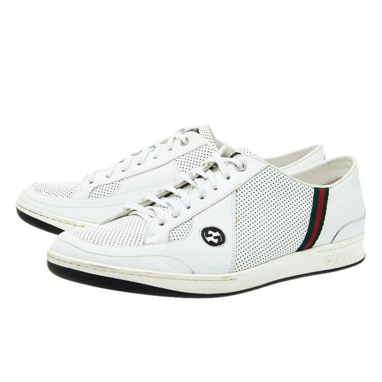 Pre Owned Gucci White Perforated Leather Web Detail Low Top Sneakers Size 44