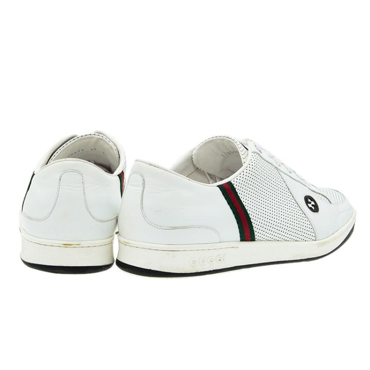 Pre Owned Gucci White Perforated Leather Web Detail Low Top Sneakers Size 44