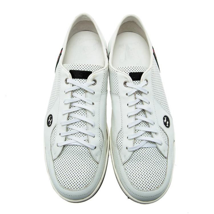 Pre Owned Gucci White Perforated Leather Web Detail Low Top Sneakers Size 44