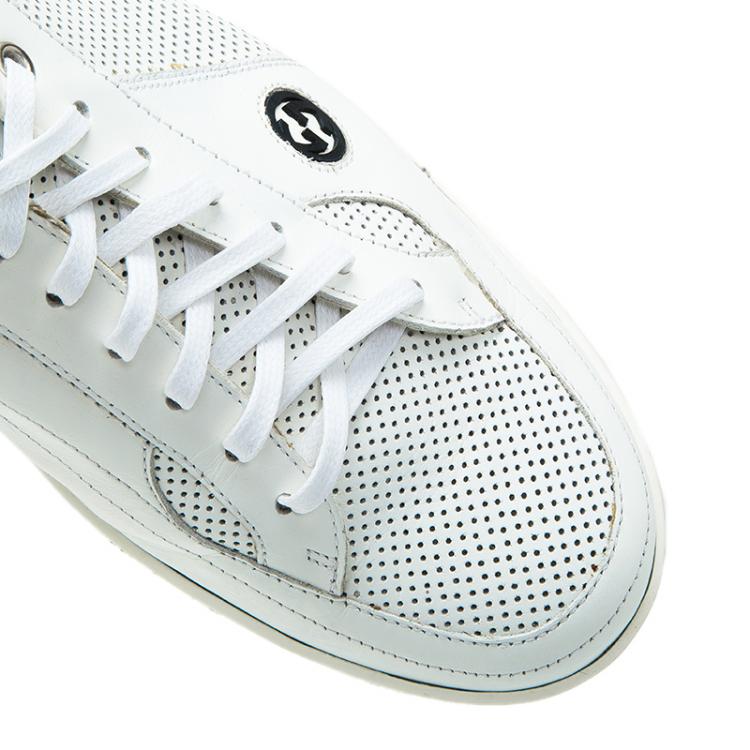 Pre Owned Gucci White Perforated Leather Web Detail Low Top Sneakers Size 44