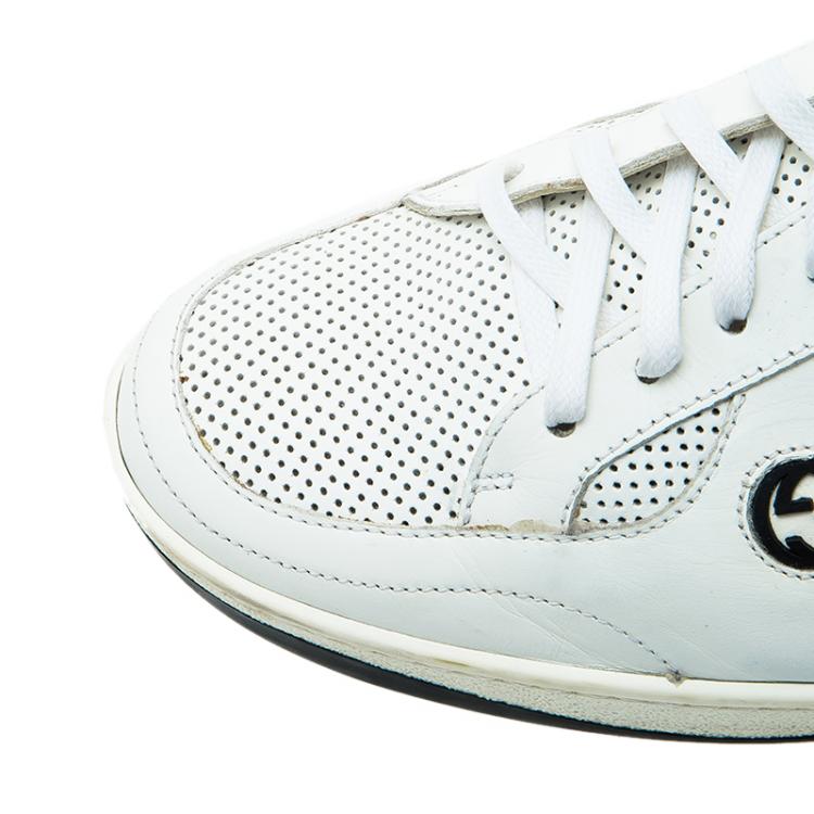 Pre Owned Gucci White Perforated Leather Web Detail Low Top Sneakers Size 44