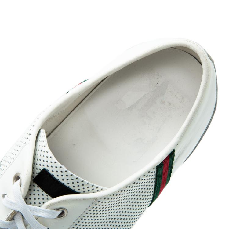 Pre Owned Gucci White Perforated Leather Web Detail Low Top Sneakers Size 44