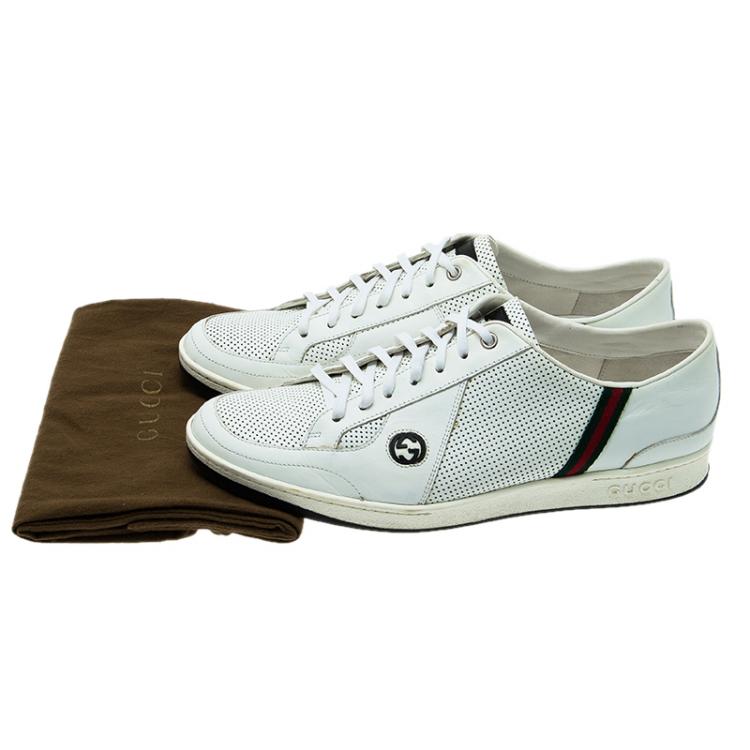 Pre Owned Gucci White Perforated Leather Web Detail Low Top Sneakers Size 44