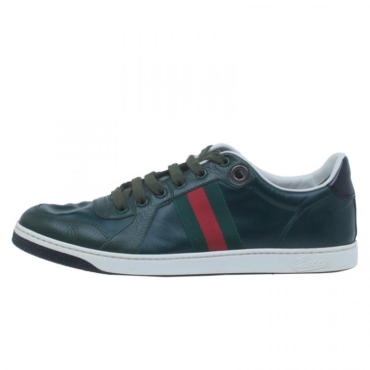 Pre Owned Gucci Green Leather Web Detail Sneakers Size 42