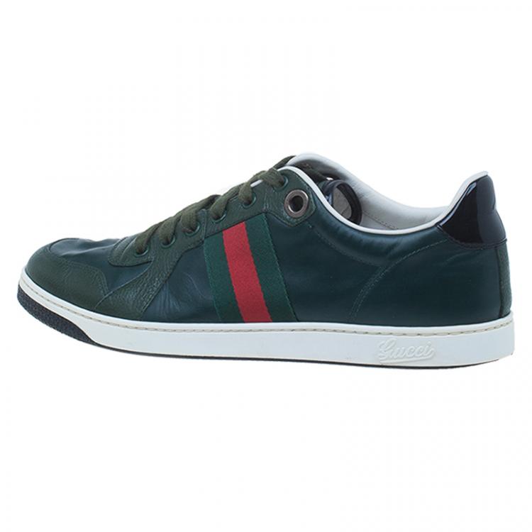 Pre Owned Gucci Green Leather Web Detail Sneakers Size 42