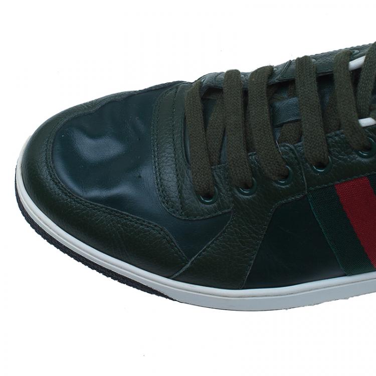 Pre Owned Gucci Green Leather Web Detail Sneakers Size 42
