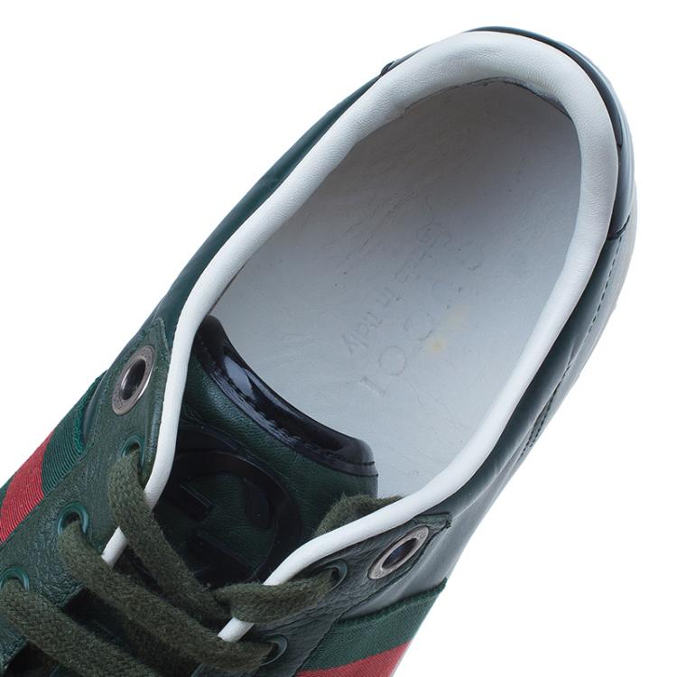 Pre Owned Gucci Green Leather Web Detail Sneakers Size 42