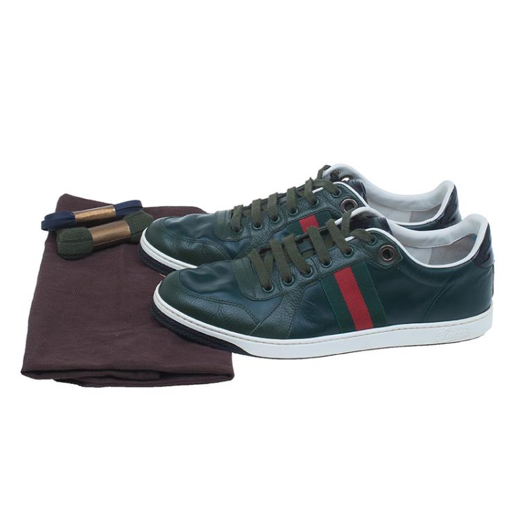 Pre Owned Gucci Green Leather Web Detail Sneakers Size 42