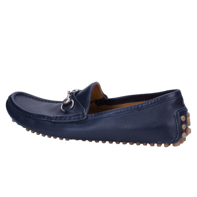 Pre Owned Gucci Blue Leather Horsebit Loafers Size 42.5
