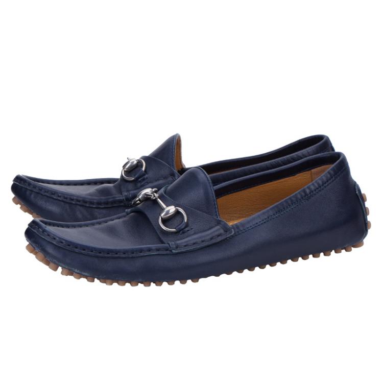 Pre Owned Gucci Blue Leather Horsebit Loafers Size 42.5