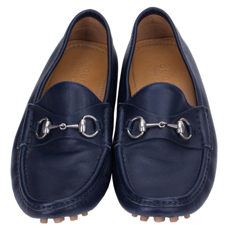 Pre Owned Gucci Blue Leather Horsebit Loafers Size 42.5