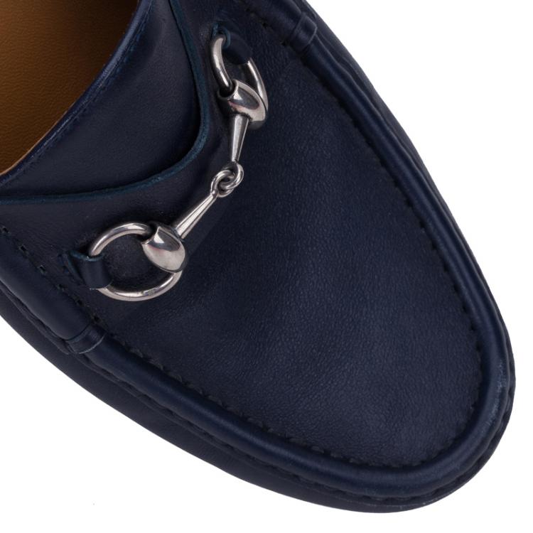 Pre Owned Gucci Blue Leather Horsebit Loafers Size 42.5