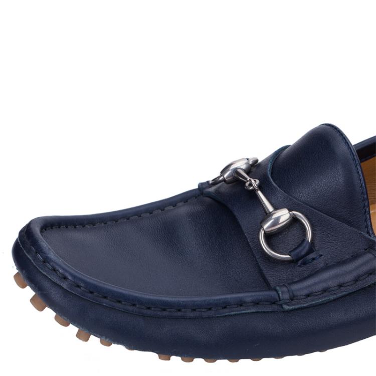 Pre Owned Gucci Blue Leather Horsebit Loafers Size 42.5