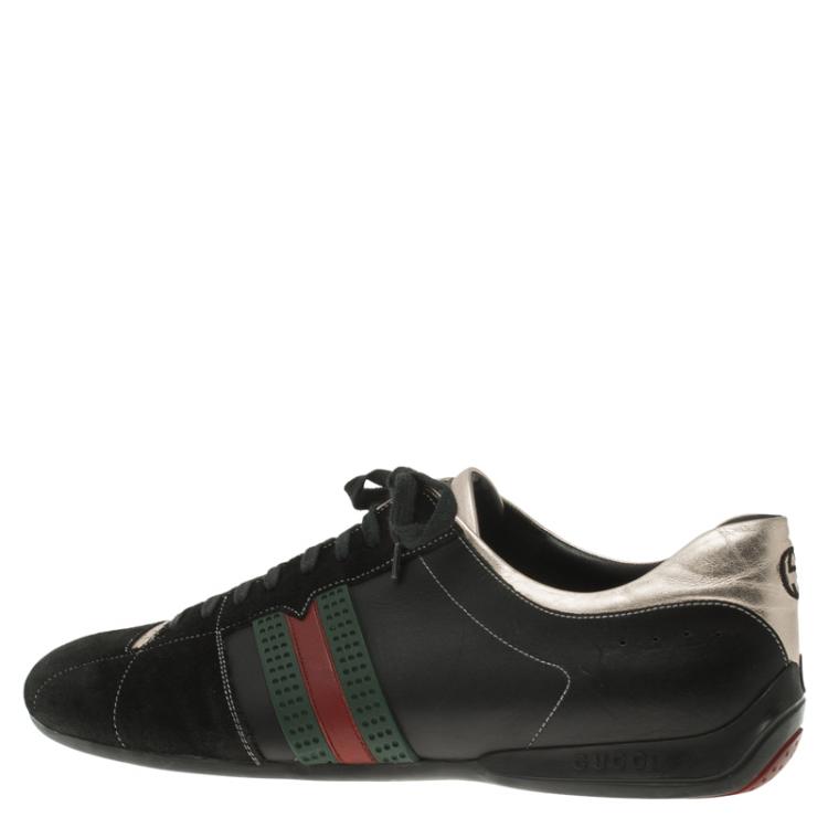 Pre Owned Gucci Gold and Black Leather and Suede Web Detail Sneakers Size 44.5