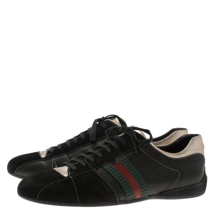 Pre Owned Gucci Gold and Black Leather and Suede Web Detail Sneakers Size 44.5