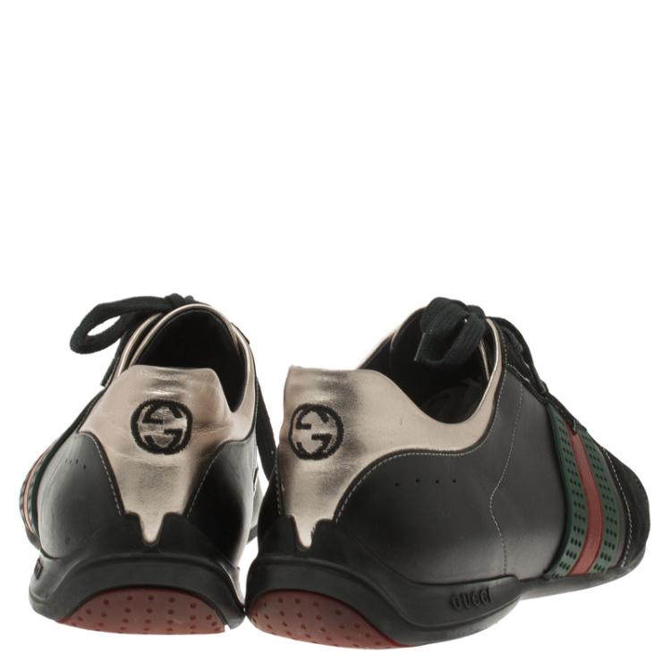 Pre Owned Gucci Gold and Black Leather and Suede Web Detail Sneakers Size 44.5