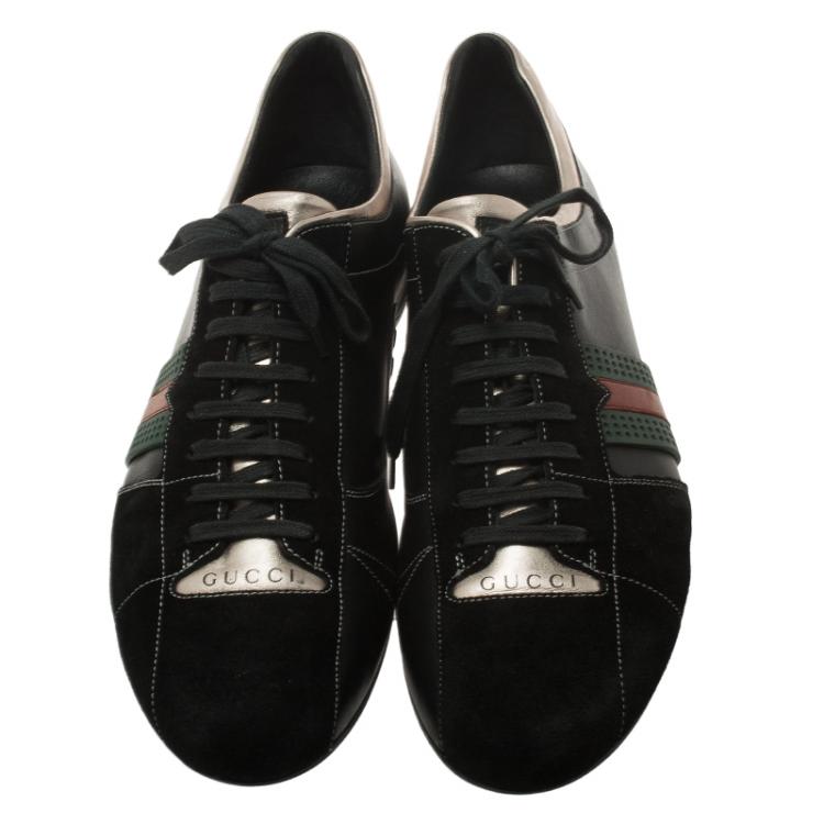 Pre Owned Gucci Gold and Black Leather and Suede Web Detail Sneakers Size 44.5