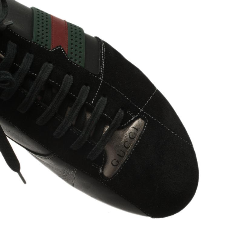 Pre Owned Gucci Gold and Black Leather and Suede Web Detail Sneakers Size 44.5