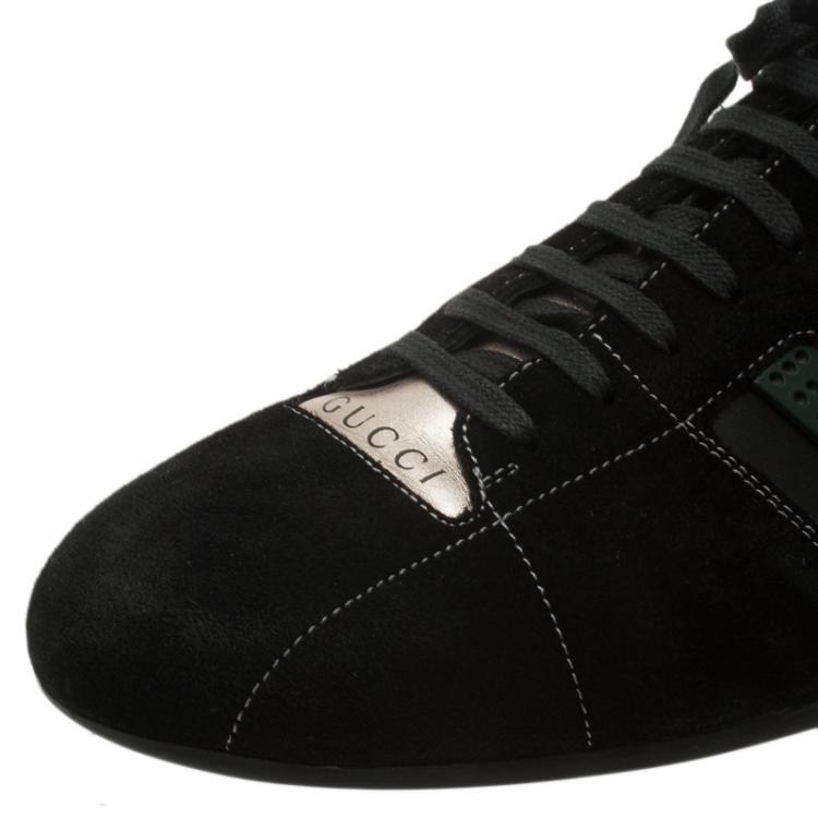 Pre Owned Gucci Gold and Black Leather and Suede Web Detail Sneakers Size 44.5